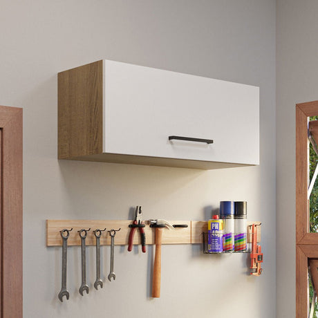 Gabinete Superior de Garaje Marron y Blanco 80x33cm Resistente a la Humedad con Un Compartimiento - GABINETES SUPERIORES PARA GARAJE | Bylmo