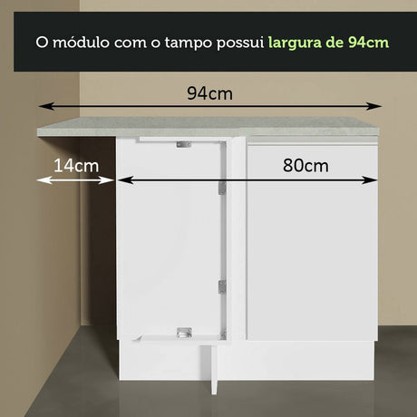 Mueble Inferior de Cocina Esquinero Glamy Blanco 94x84cm Sin Cajones con Mesón de Madera y sin Estufa - MUEBLES INFERIORES DE COCINA | Bylmo