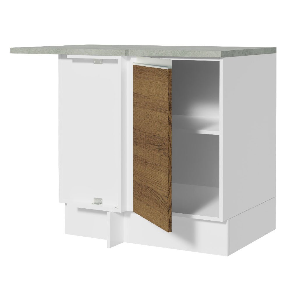 Mueble Inferior de Cocina Esquinero Glamy Blanco y Marron 94x84cm Sin Cajones con Mesón de Madera y sin Estufa - MUEBLES INFERIORES DE COCINA | Bylmo