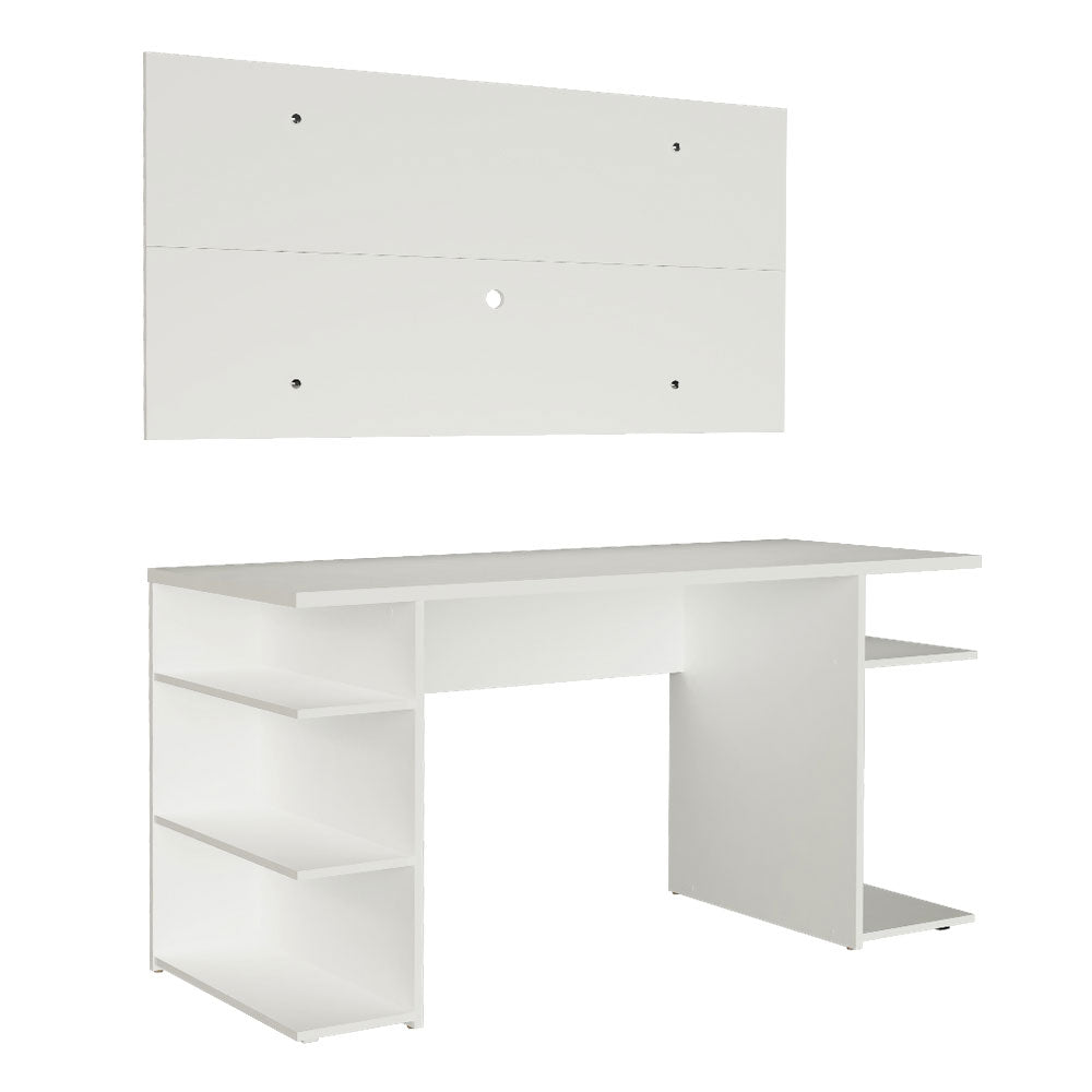 Combo Escritorio Gamer y Panel de TV Blanco 136x75cm para TV hasta 50 Pulgadas Sin Cajones y con Organizador de Libros y Consolas - ESCRITORIOS | Bylmo