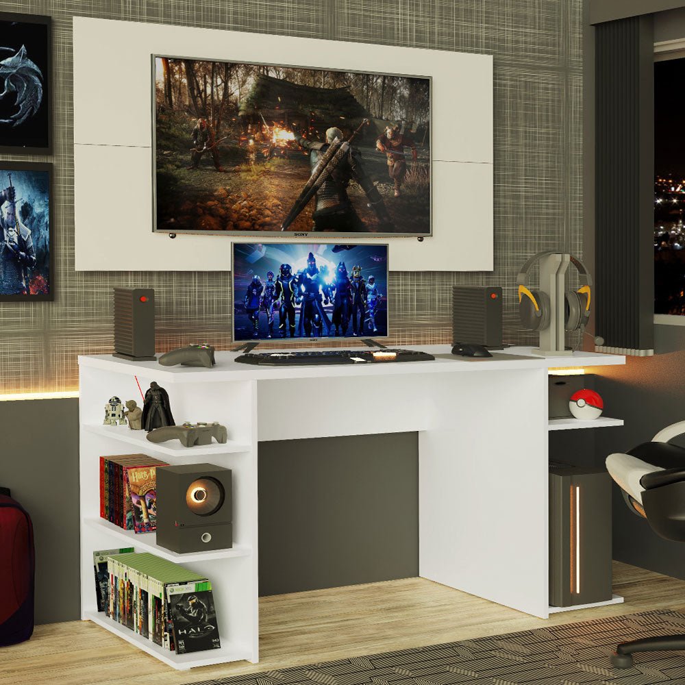 Combo Escritorio Gamer y Panel de TV Blanco 136x75cm para TV hasta 50 Pulgadas Sin Cajones y con Organizador de Libros y Consolas - ESCRITORIOS | Bylmo