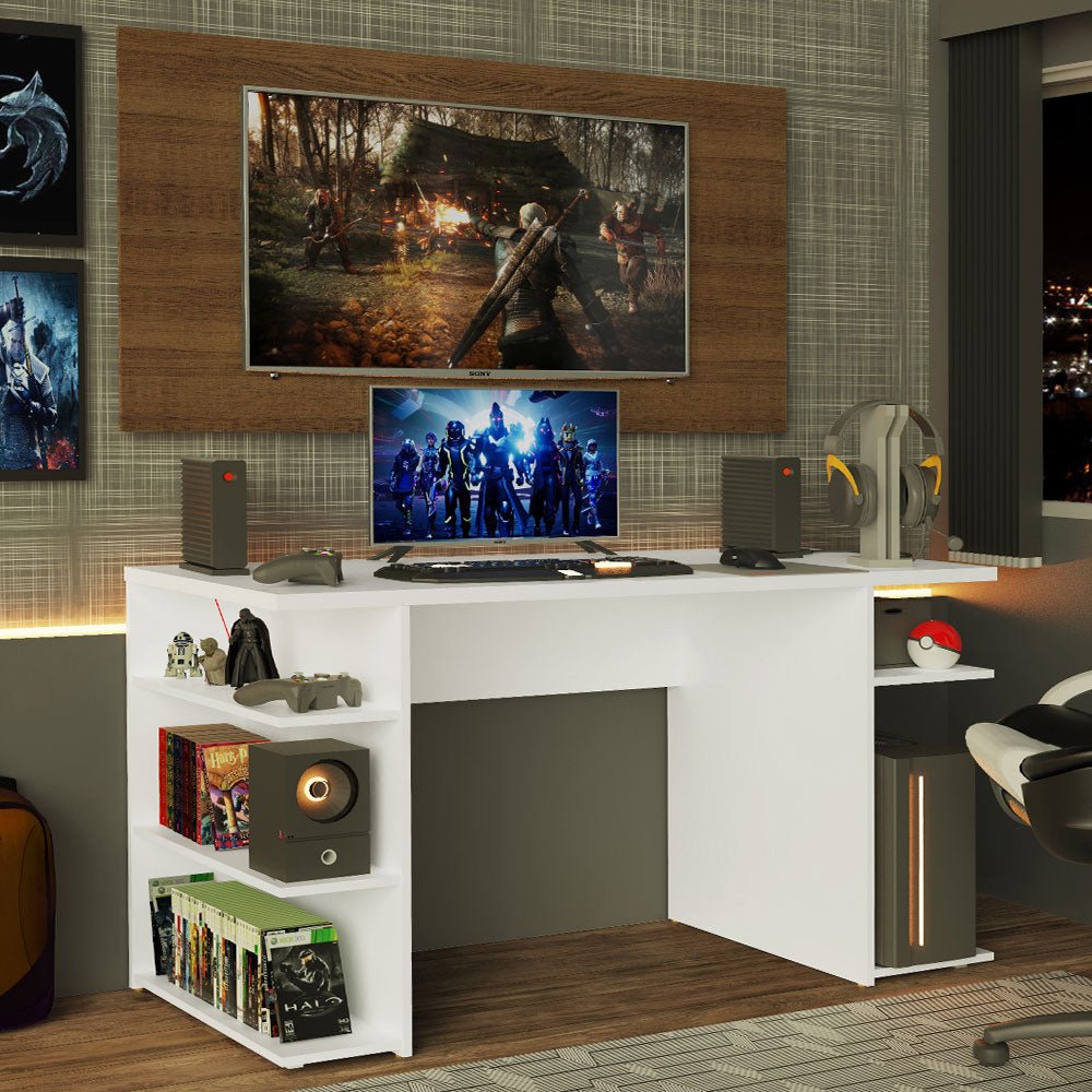 Combo Escritorio Gamer y Panel de TV Blanco y Marron 136x75cm para TV hasta 50 Pulgadas Sin Cajones y con Organizador de Libros y Consolas - ESCRITORIOS | Bylmo