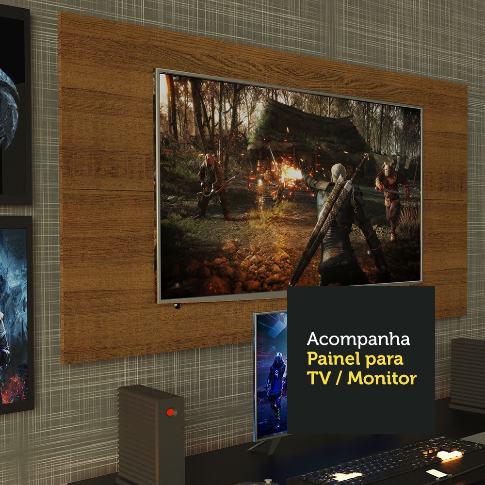 Combo Escritorio Gamer y Panel de TV Blanco y Marron 136x75cm para TV hasta 50 Pulgadas Sin Cajones y con Organizador de Libros y Consolas - ESCRITORIOS | Bylmo