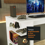 Combo Escritorio Gamer y Panel de TV Blanco y Marron 136x75cm para TV hasta 50 Pulgadas Sin Cajones y con Organizador de Libros y Consolas - ESCRITORIOS | Bylmo