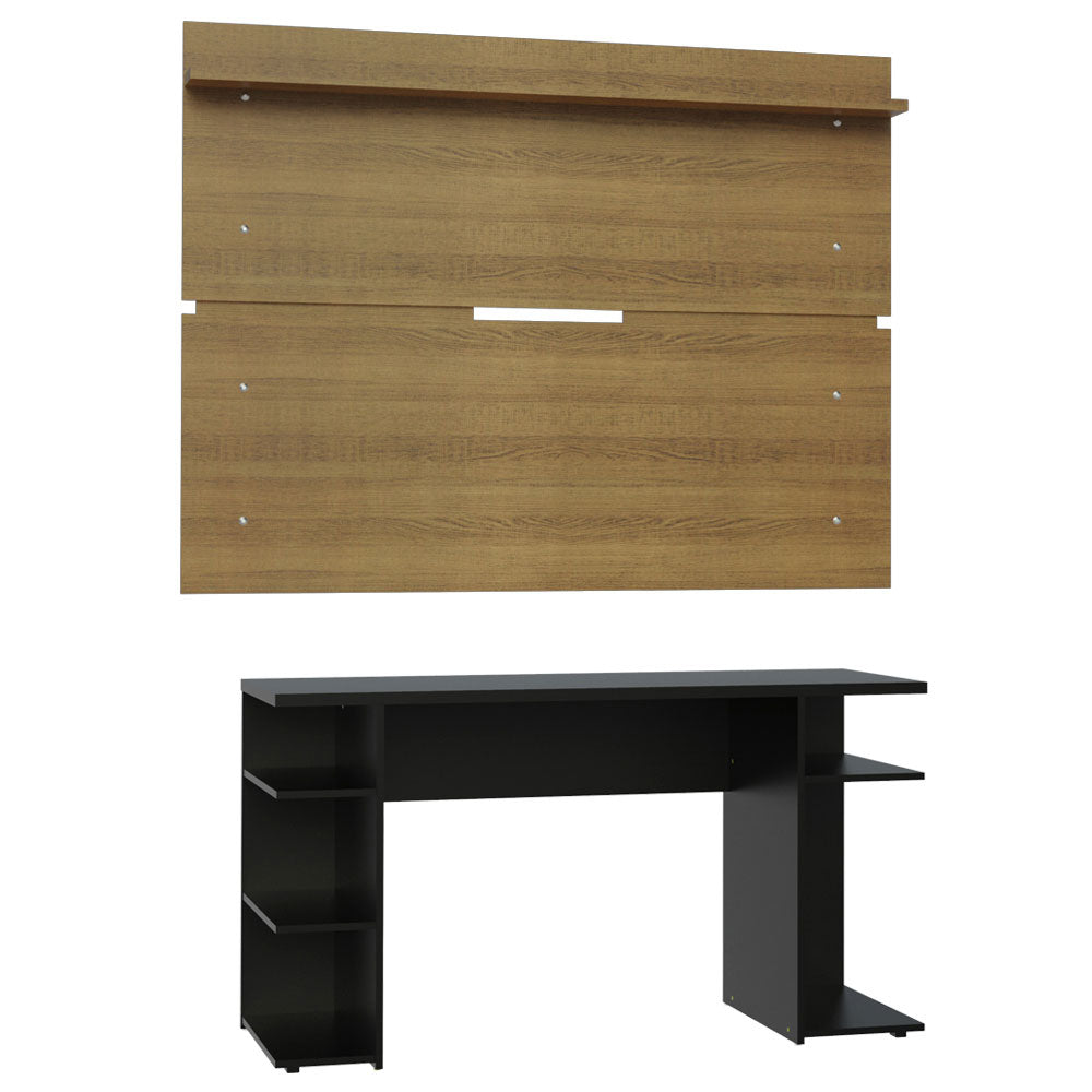 Combo Escritorio Gamer y Panel de TV Negro y Marron 136x75cm para TV hasta 65 Pulgadas Sin Cajones y con Organizador de Libros y Consolas - ESCRITORIOS | Bylmo