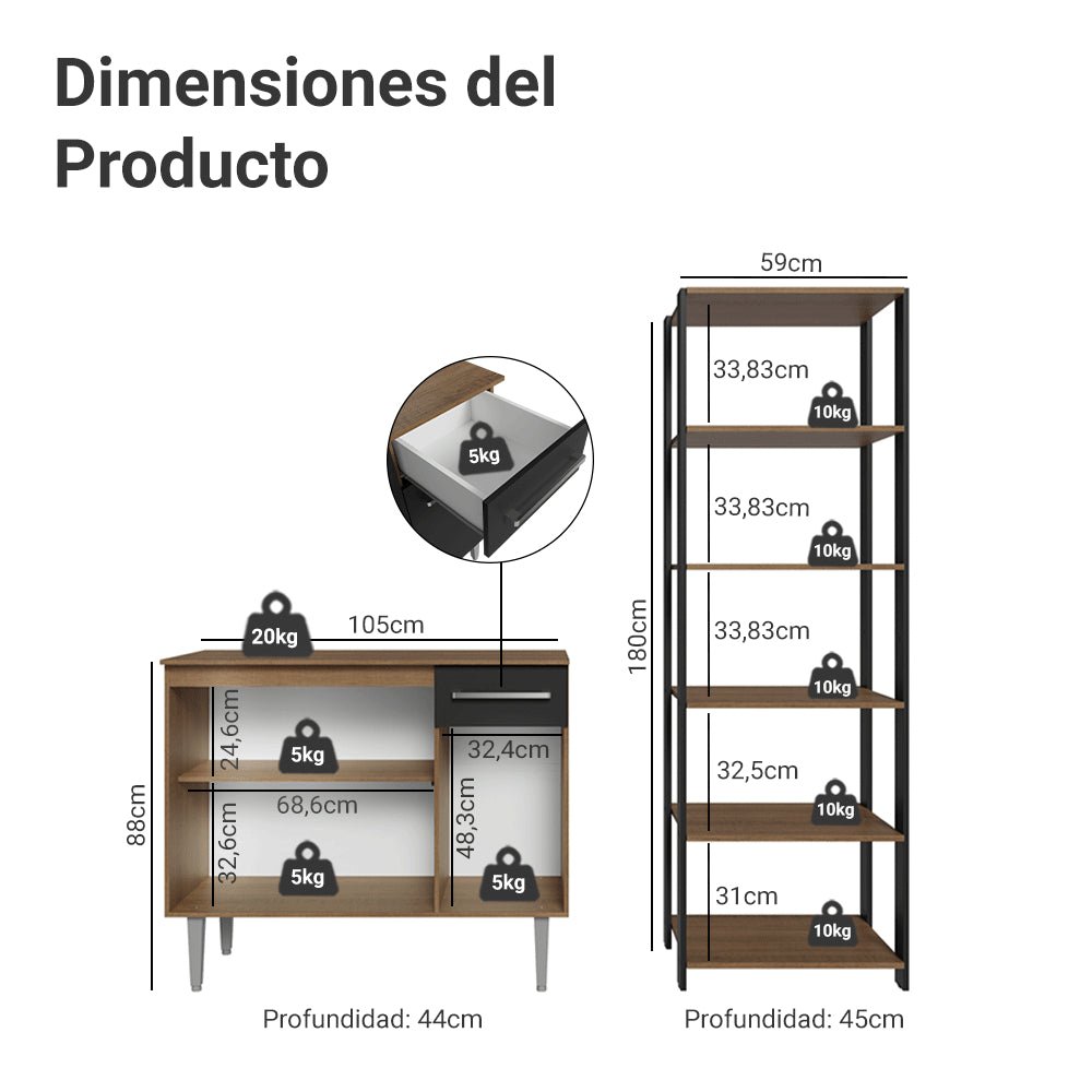 Combo Gabinete y Repisa Negro y Marron 164x180cm con Ocho Compartimientos - BARRAS Y MUEBLES AUXILIARES | Bylmo