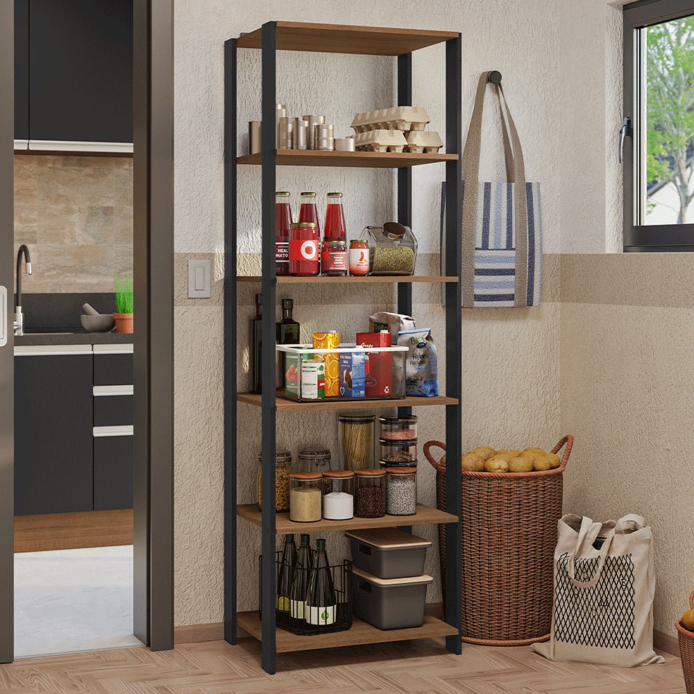 Mueble Organizador de Despensa Marron y Negro 59x180cm con Patas y con Cinco Repisas - ALACENAS Y MUEBLES MICROONDAS | Bylmo