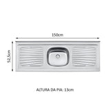 Mesón de Cocina Plata 150x52.5cm de Acero Inoxidable Acabado Brillante con Pozuelo Centro - MESONES DE COCINA | Bylmo