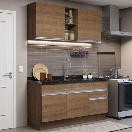 Cocina Integral Glamy Marron 150x81cm sin Mesón sin Estufa y con Dos Cajones - COCINAS | Bylmo