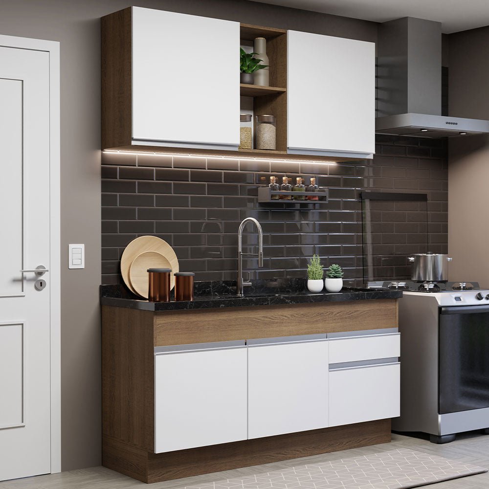 Cocina Integral Glamy Marron y Blanco 150x81cm sin Mesón sin Estufa y con Dos Cajones - COCINAS | Bylmo