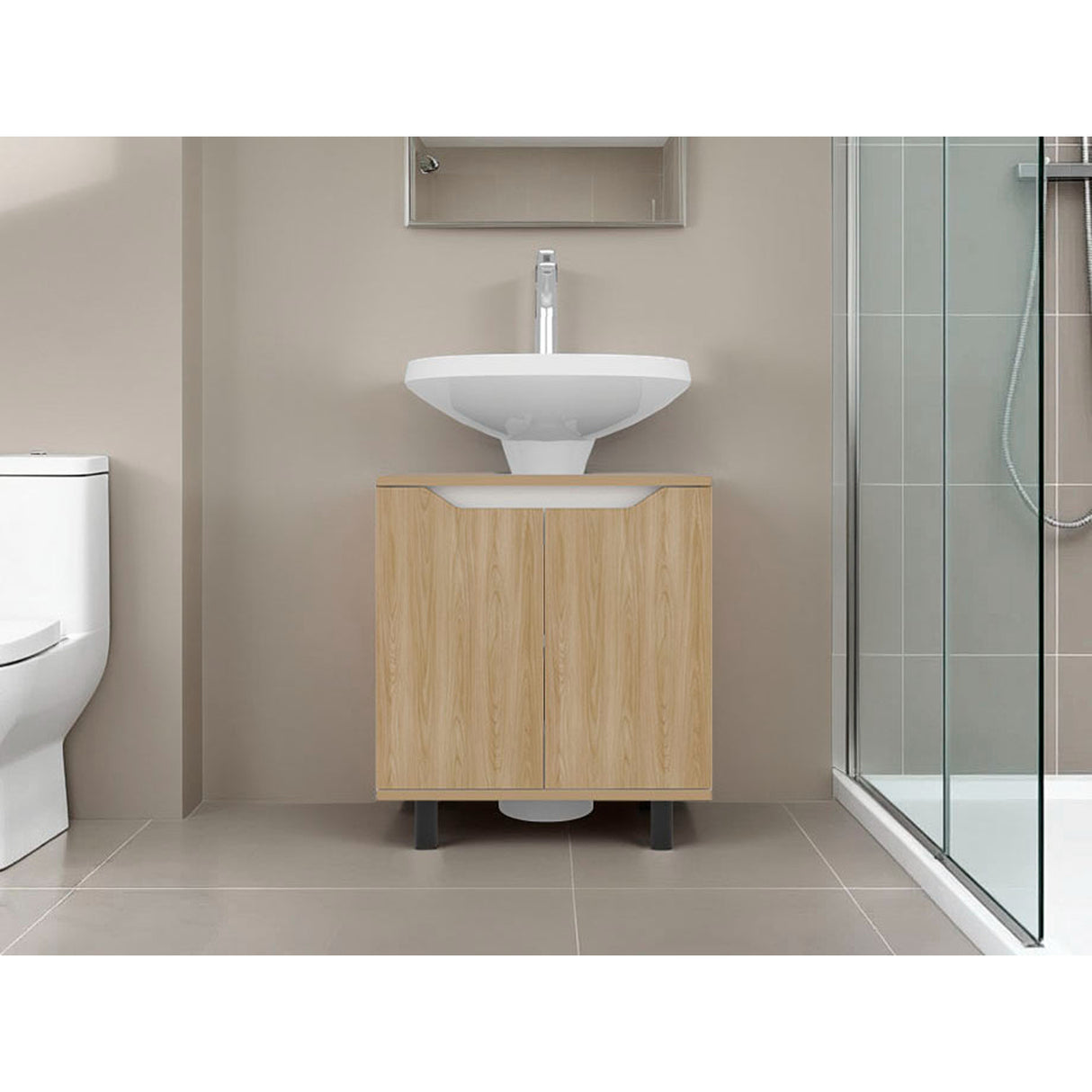 Mueble para Lavamanos Marlo Fresno Europeo y Blanco 55x63cm Individual sin Lavamanos con Dos Puertas - MUEBLES PARA LAVAMANOS | Bylmo