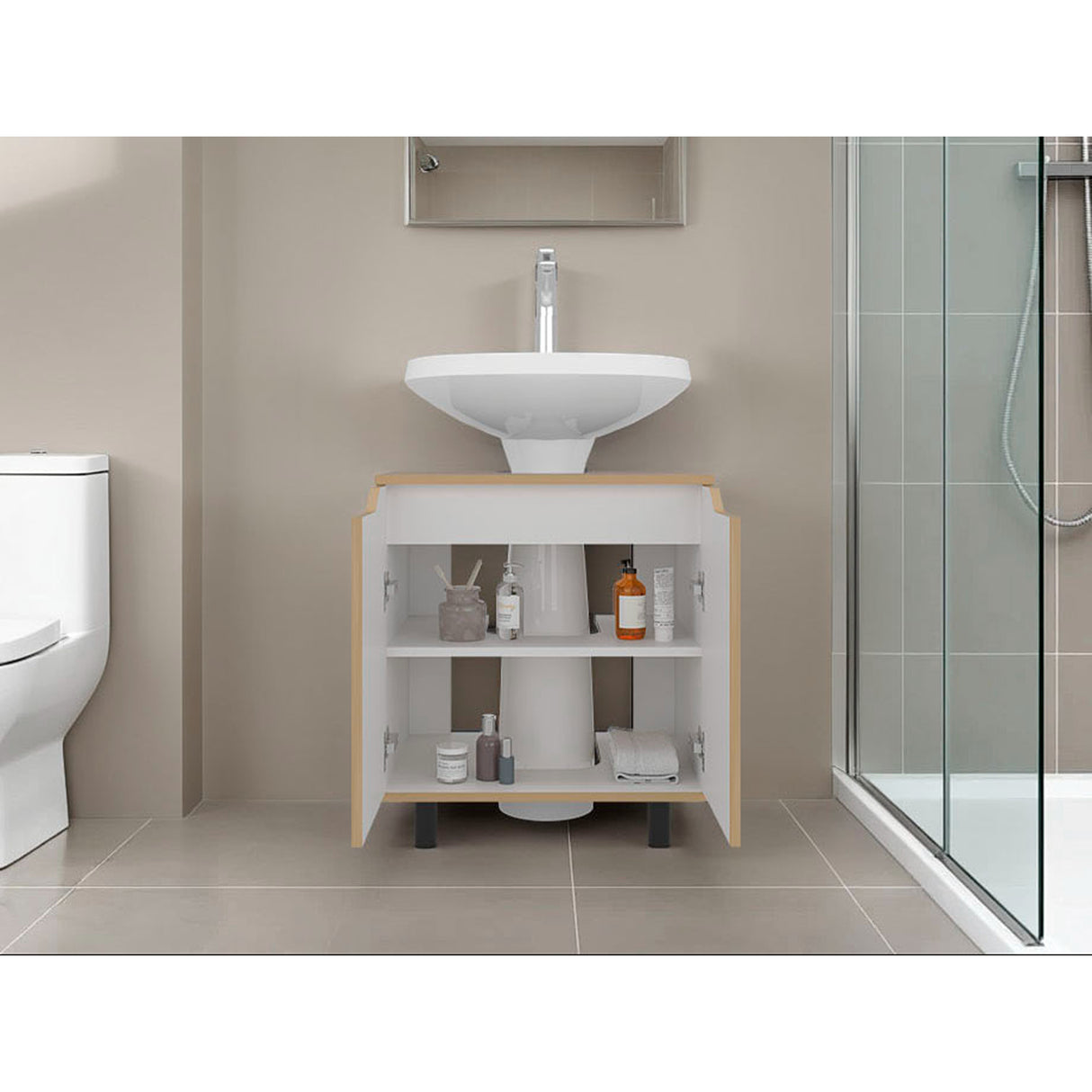 Mueble para Lavamanos Marlo Fresno Europeo y Blanco 55x63cm Individual sin Lavamanos con Dos Puertas - MUEBLES PARA LAVAMANOS | Bylmo