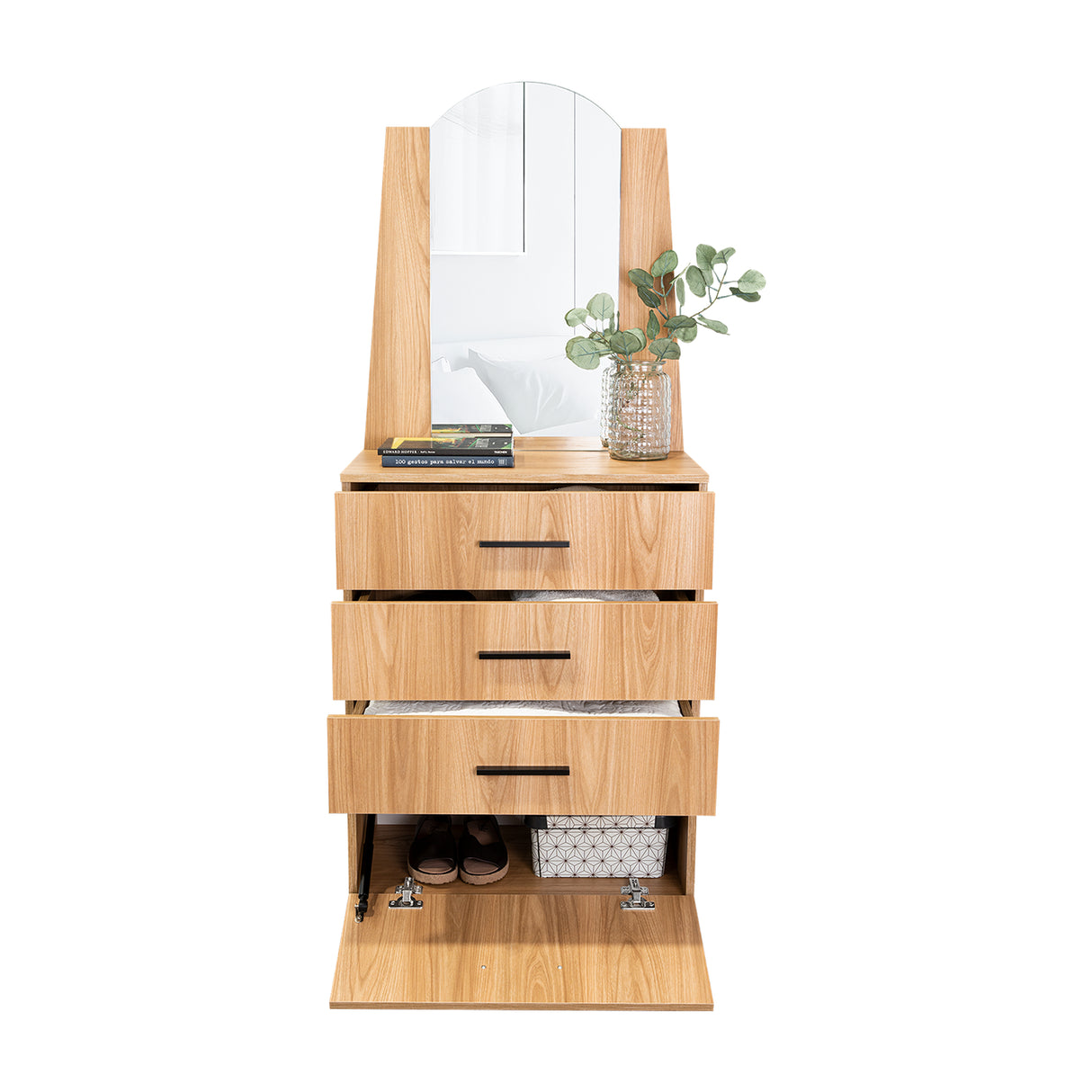 Cómoda Praga Fresno 63x151cm de Cuatro Hileras con Tres Cajones con Espacio para Tv y con Espejo - CAJONERAS Y COMODAS | Bylmo