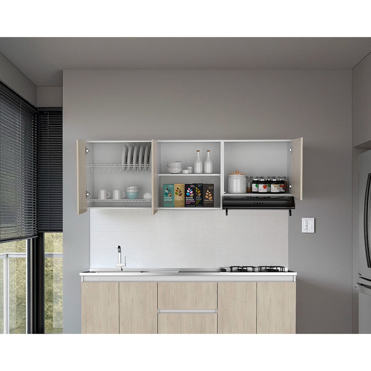 Mueble Superior de Cocina Boreal Blanco Fresno 180x62cm con Tres Puertas y con Locero - MUEBLES SUPERIORES DE COCINA | Bylmo