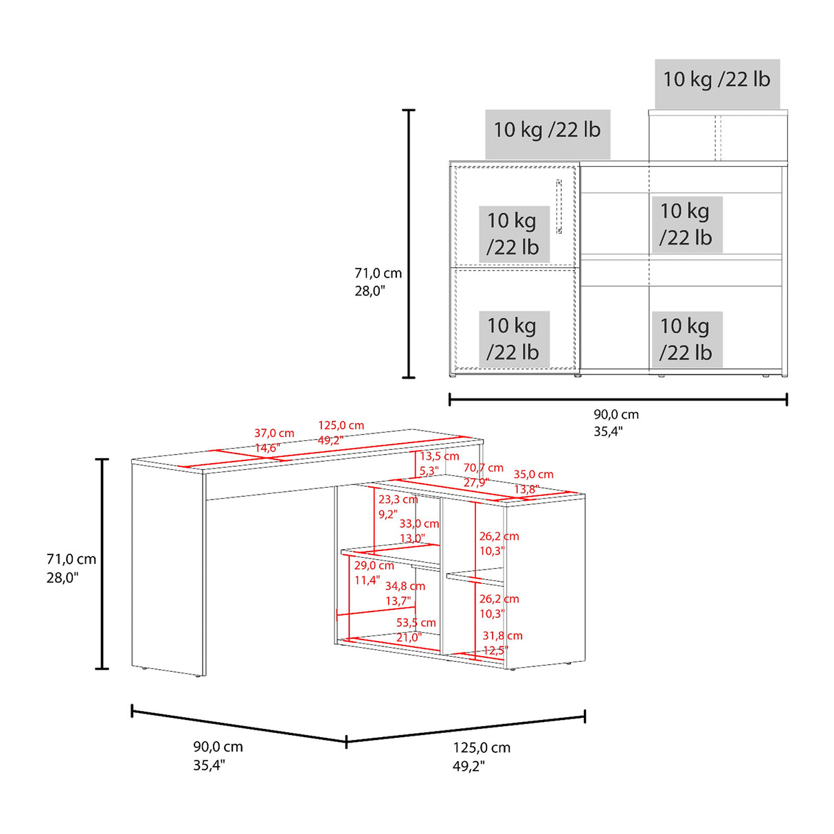 Escritorio en L Axis Eco Blanco 125x71cm con Organizador de Libros y sin Cajones - ESCRITORIOS | Bylmo