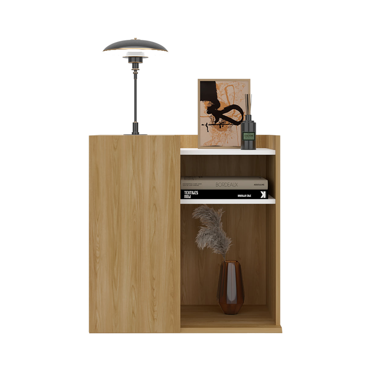 Mesa de Noche Cairo Fresno Europeo y Blanco 65x65cm con Tres Compartimientos - MESAS DE NOCHE | Bylmo