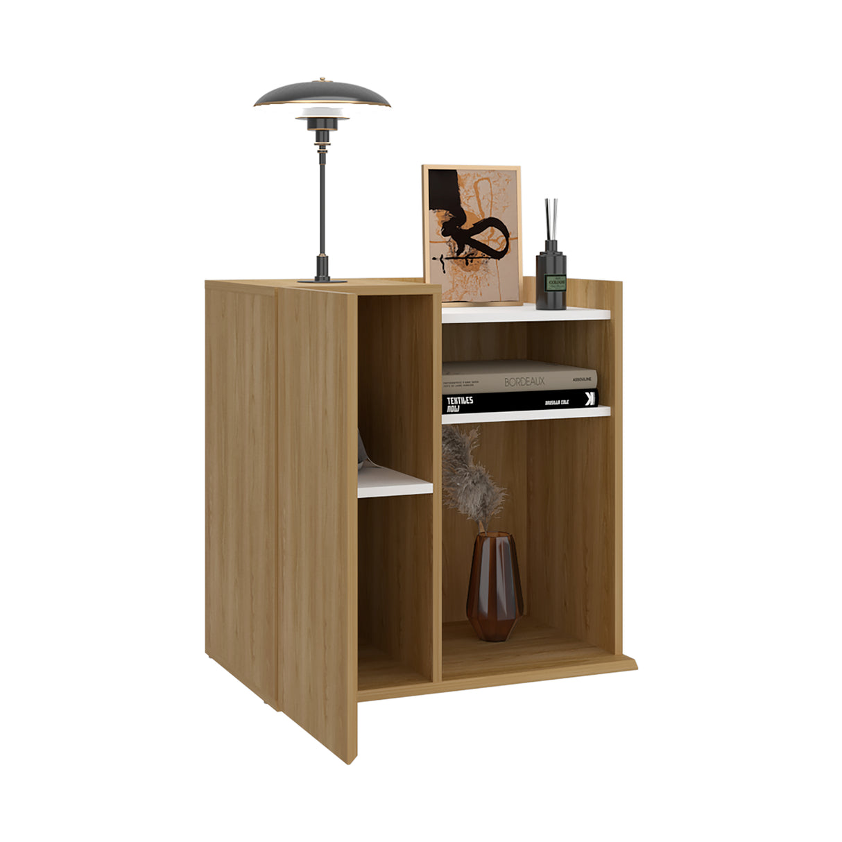 Mesa de Noche Cairo Fresno Europeo y Blanco 65x65cm con Tres Compartimientos - MESAS DE NOCHE | Bylmo