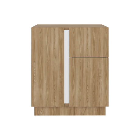 Mesa de Noche Carmi Fresno Europeo y Blanco 45x52cm con Un Cajón y con Tres Compartimientos - MESAS DE NOCHE | Bylmo