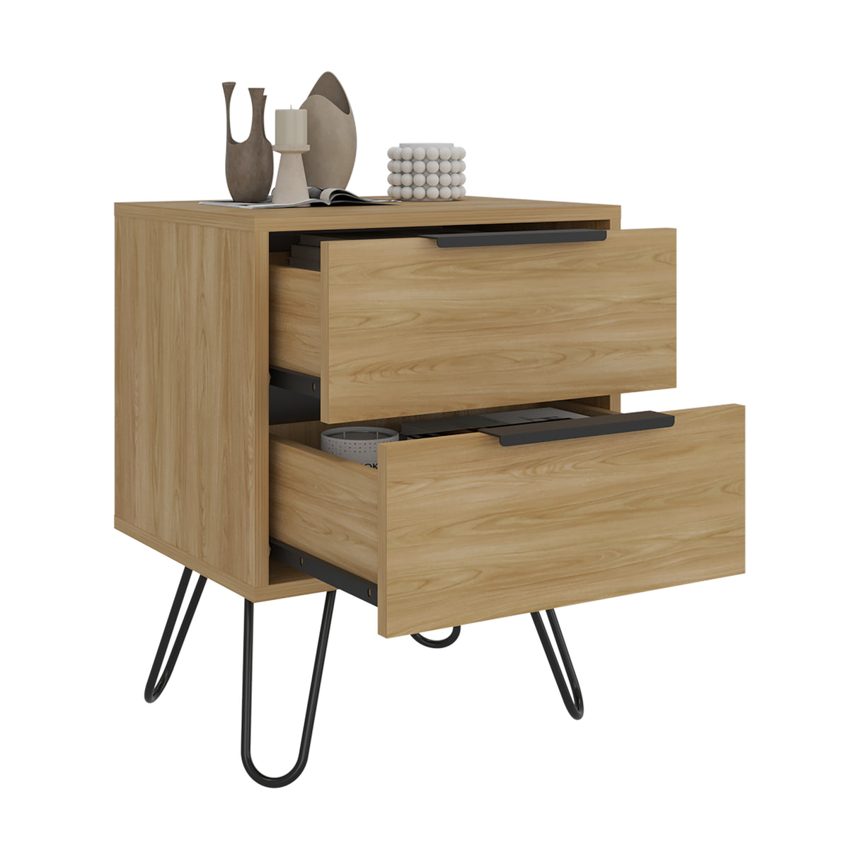 Mesa de Noche Augusta Fresno 45x57cm con Dos Cajones y con Dos Compartimientos - MESAS DE NOCHE | Bylmo
