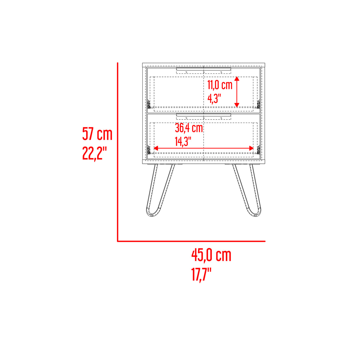 Mesa de Noche Augusta Fresno 45x57cm con Dos Cajones y con Dos Compartimientos - MESAS DE NOCHE | Bylmo