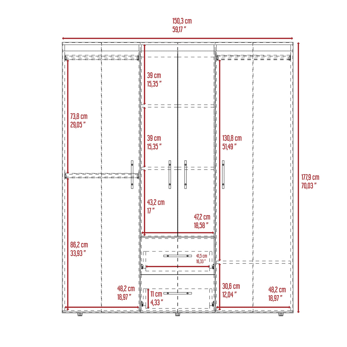 Closet Bariloche Eco Nogal 150.3x177.9cm con Cuatro Puertas y con Cuatro Cajones - CLOSETS | Bylmo