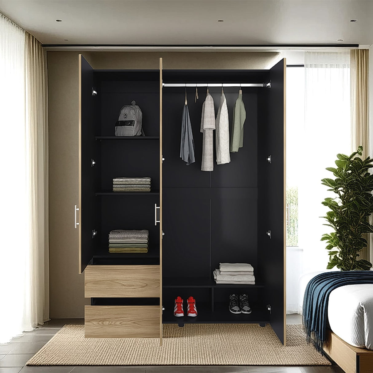 Closet Edmon Wengue Fresno 140x200cm con Tres Puertas y con Tres Cajones - CLOSETS | Bylmo