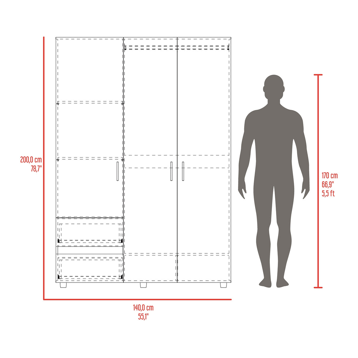 Closet Edmon Wengue Fresno 140x200cm con Tres Puertas y con Tres Cajones - CLOSETS | Bylmo