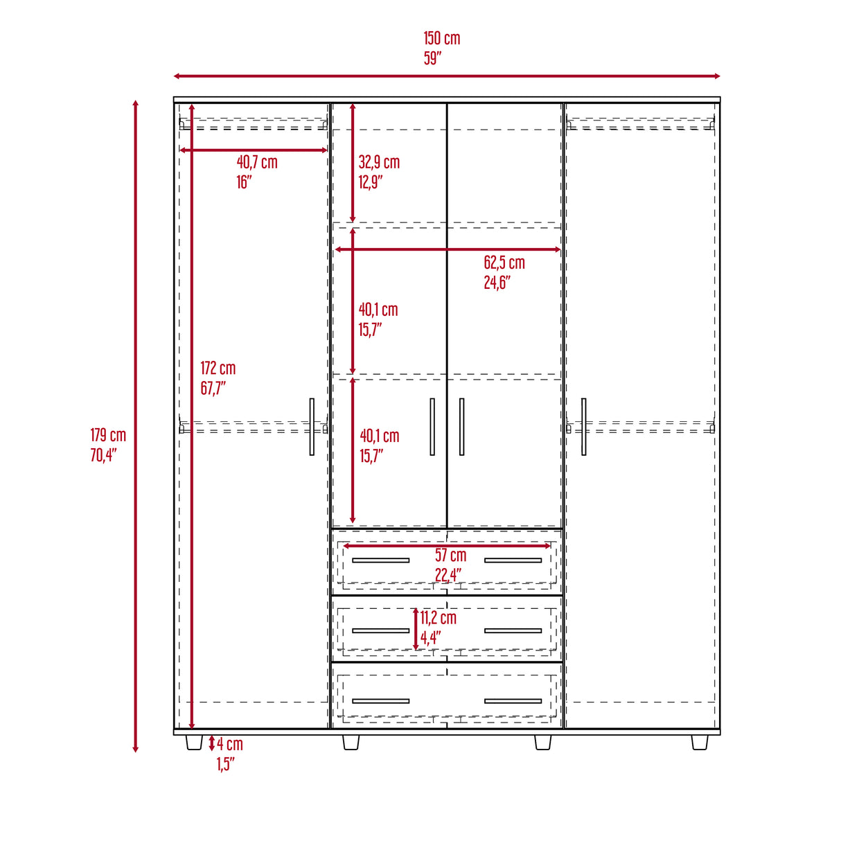 Closet Fontan Fresno Europeo y Blanco 150x179cm con Cuatro Puertas y con Cuatro Cajones - CLOSETS | Bylmo