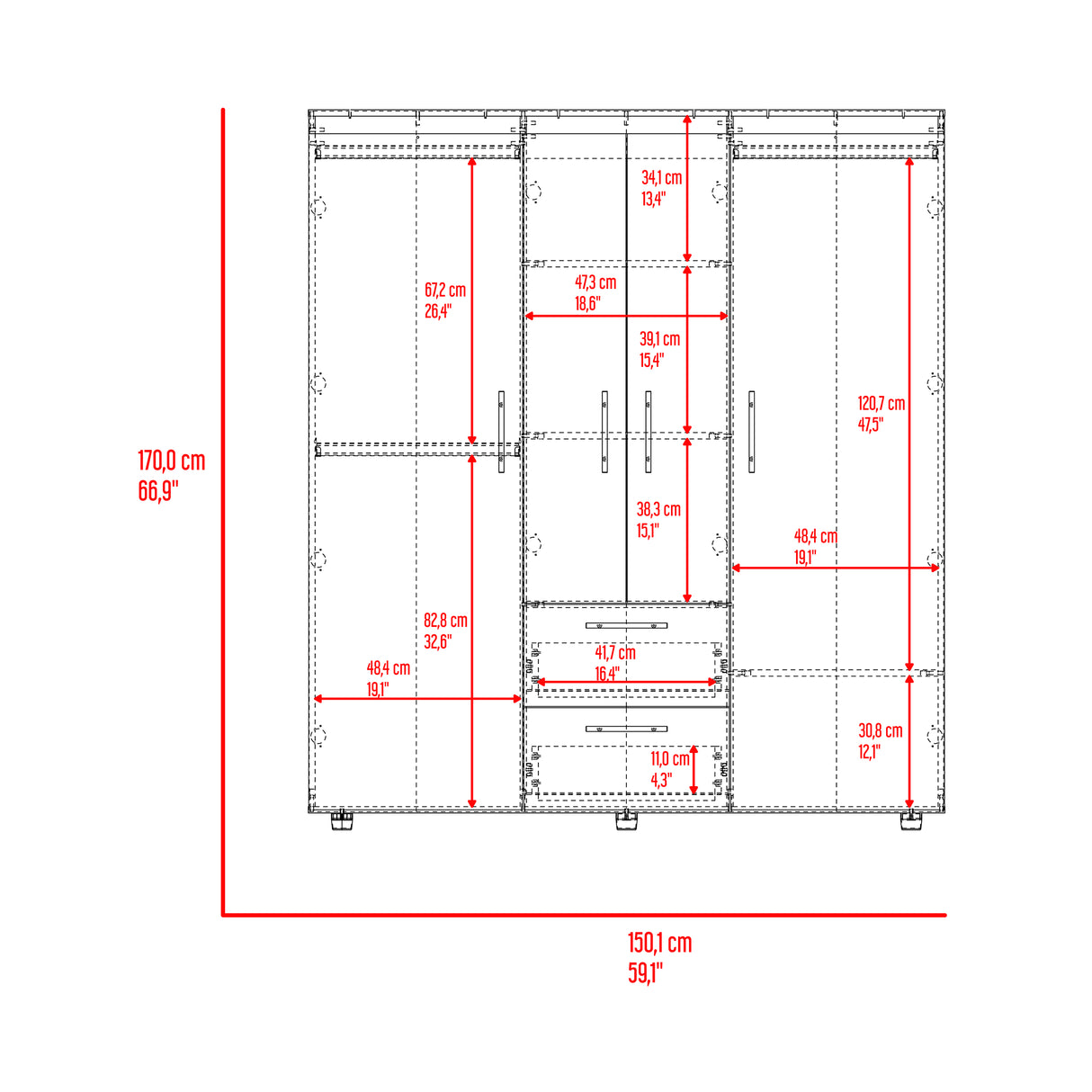 Closet Marcus Wengue y Fresno 150.3x170cm con Cuatro Puertas y con Nueve Compartimientos - CLOSETS | Bylmo
