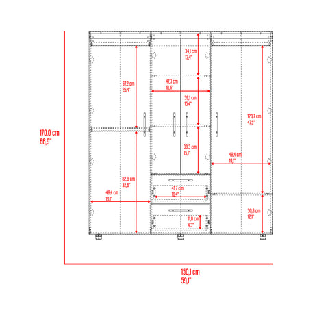 Closet Marcus Wengue y Fresno 150.3x170cm con Cuatro Puertas y con Nueve Compartimientos - CLOSETS | Bylmo