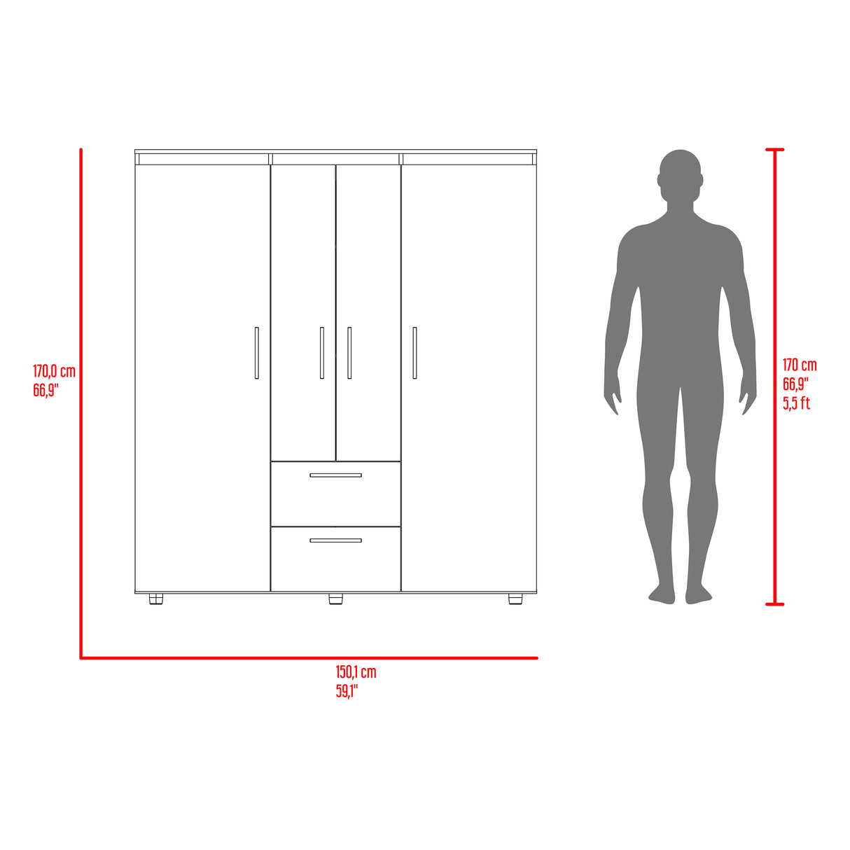 Closet Marcus Wengue y Fresno 150.3x170cm con Cuatro Puertas y con Nueve Compartimientos - CLOSETS | Bylmo