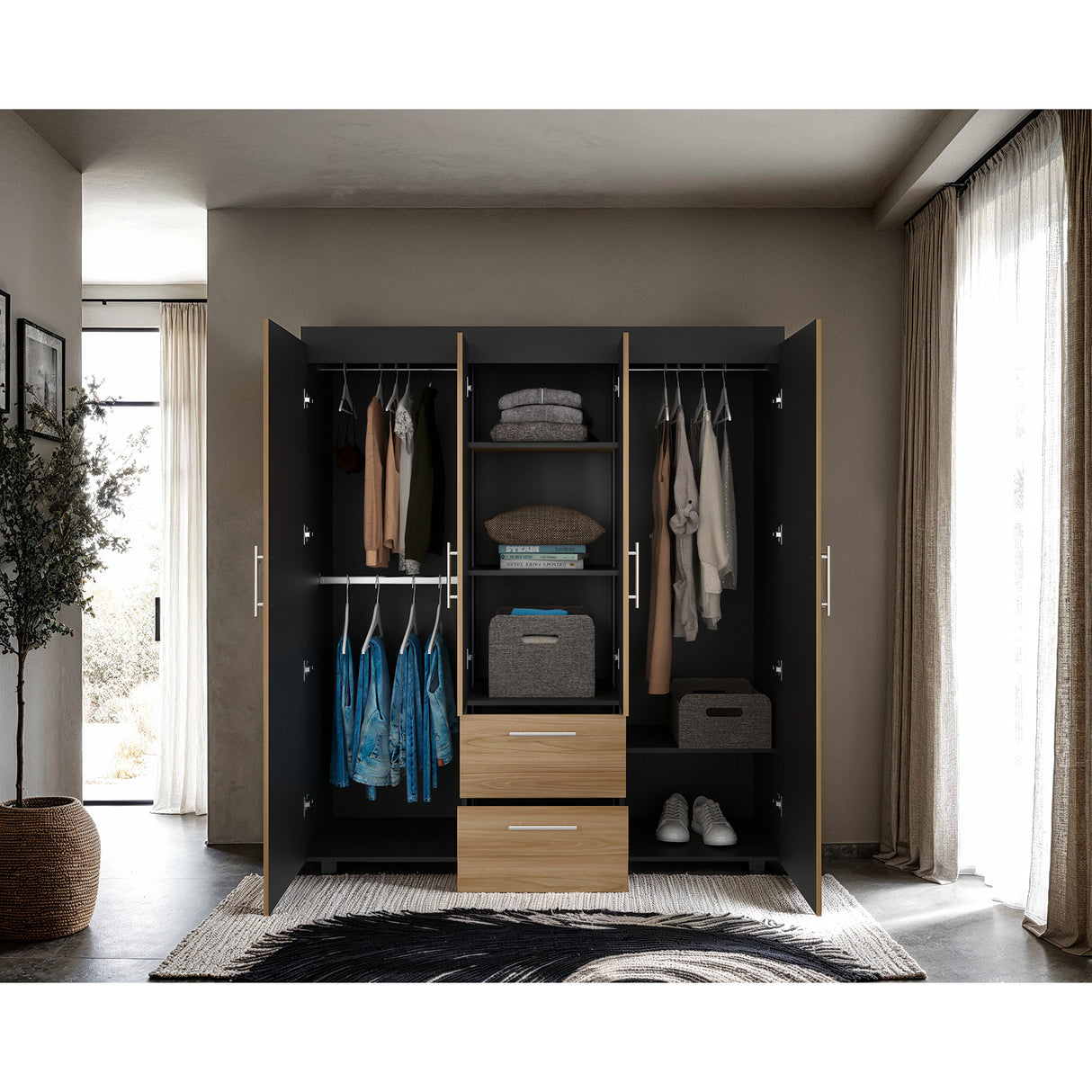 Closet Marcus Wengue y Fresno 150.3x170cm con Cuatro Puertas y con Nueve Compartimientos - CLOSETS | Bylmo