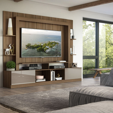 Centro de Entretenimiento Berlín Café 213x171cm Para TV Hasta 65" Pulgadas con Dos Comportimientos - MUEBLES DE TV | Bylmo