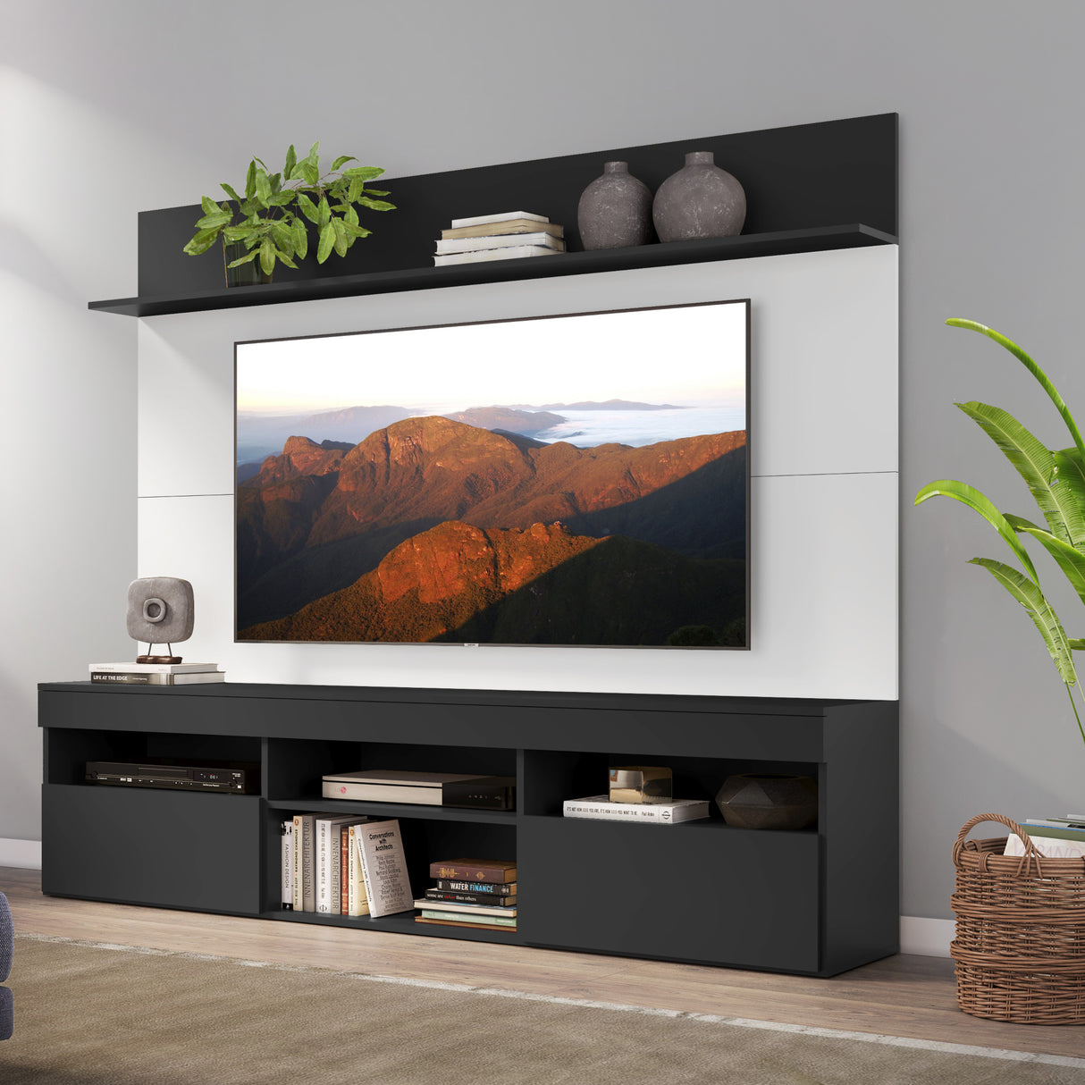 Centro de Entretenimiento Madrid Blanco y Negro 175x116cm Para TV Hasta 75" Pulgadas con Tres Comportimientos - MUEBLES DE TV | Bylmo
