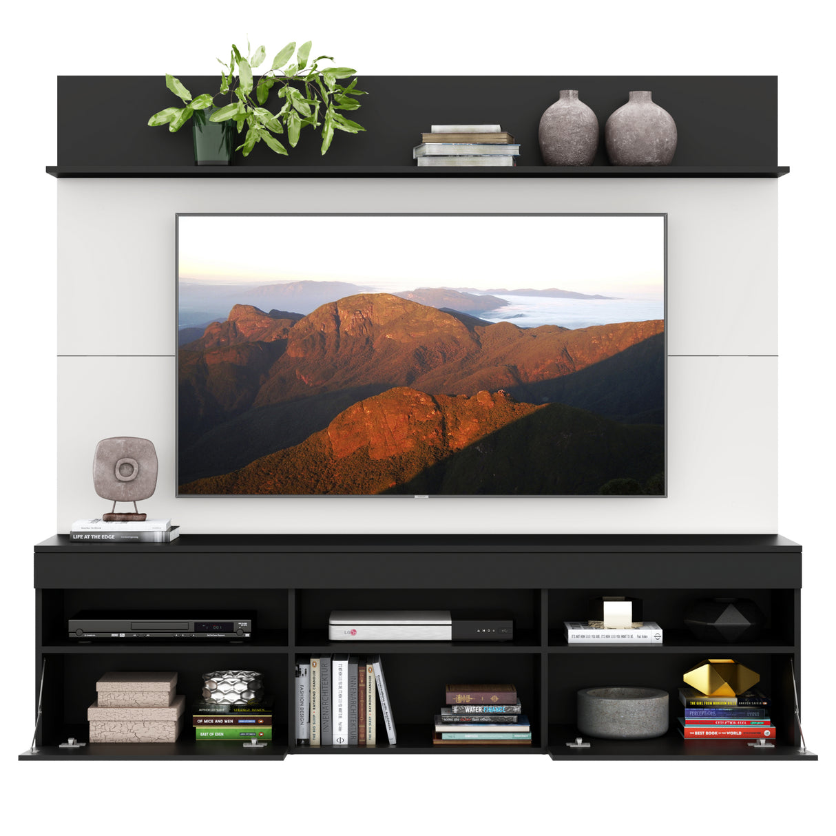 Centro de Entretenimiento Madrid Blanco y Negro 175x116cm Para TV Hasta 75" Pulgadas con Tres Comportimientos