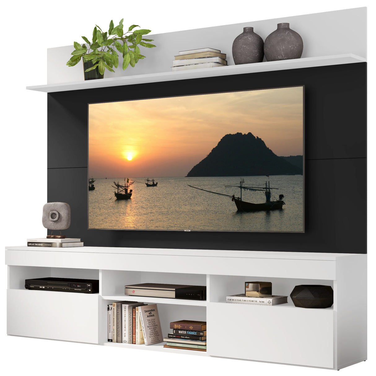Centro de Entretenimiento Madrid Negro y Blanco 175x116cm Para TV Hasta 75" Pulgadas con Tres Comportimientos