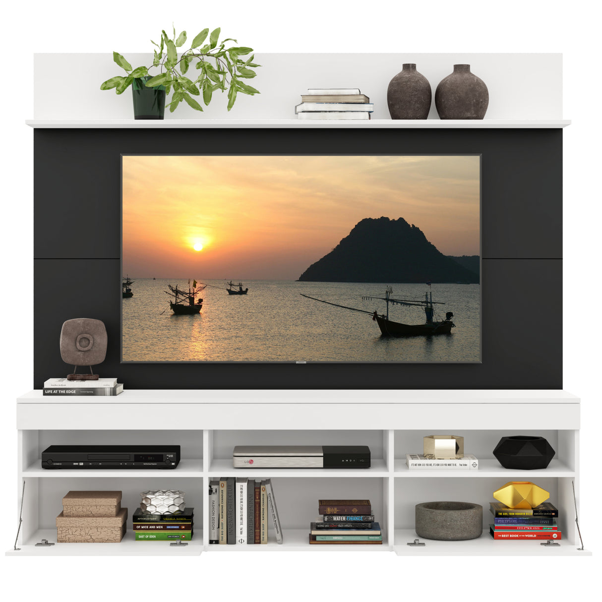 Centro de Entretenimiento Madrid Negro y Blanco 175x116cm Para TV Hasta 75" Pulgadas con Tres Comportimientos