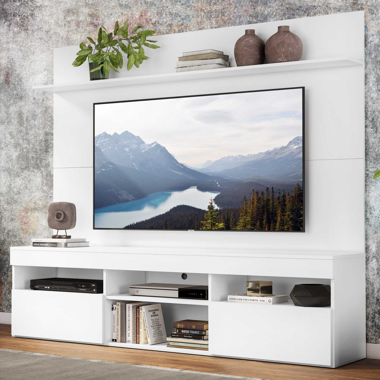 Centro de Entretenimiento Madrid Blanco 175x116cm Para TV Hasta 75" Pulgadas con Tres Comportimientos - MUEBLES DE TV | Bylmo