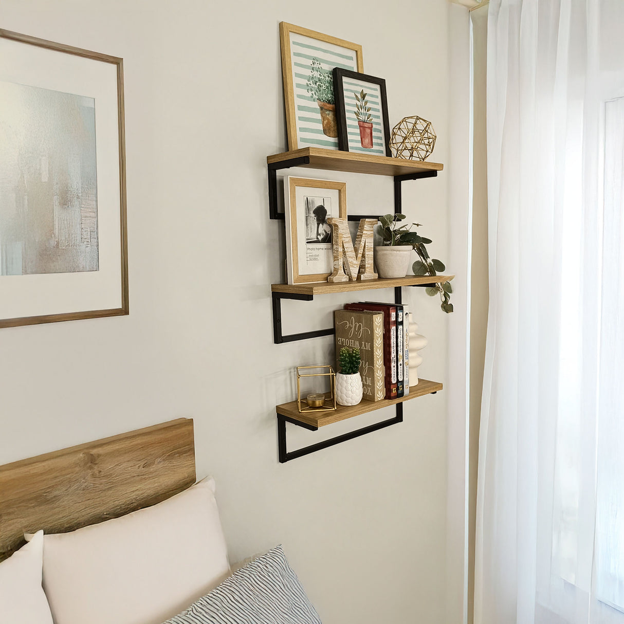 Set de 3 Repisas Elia Madera Natural y Negro 40x14.6cm Rectangular con Tres Entrepaños - REPISAS | Bylmo