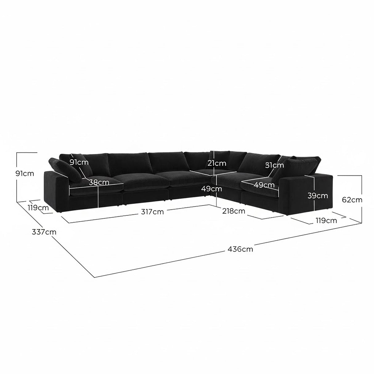 Sofá Esquinero Artenis Negro 436x67cm De Seis Puestos con Apoya Brazos - SOFAS Y POLTRONAS | Bylmo