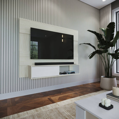 Panel de TV Soren Niebla y Blanco 155x120cm Flotante para Tv Hasta 65" Pulgadas con Un Cajón y Un Compartimiento - MUEBLES DE TV | Bylmo