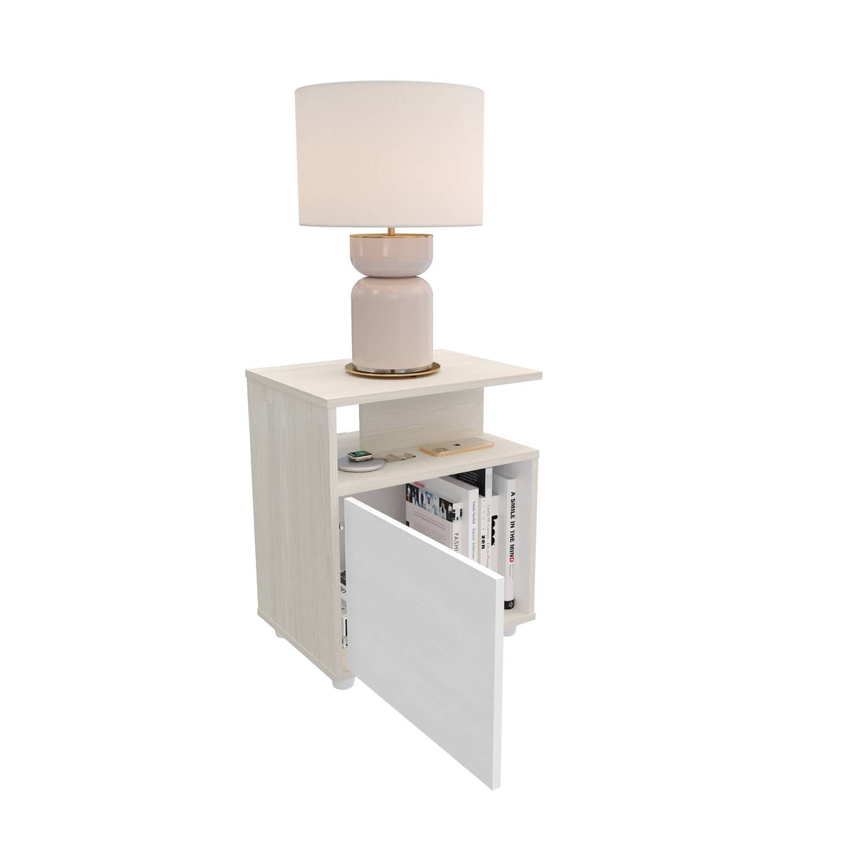 Mesa de Noche Soren Niebla y Blanco 48x57cm con Un Cajón y con Una Puerta - MESAS DE NOCHE | Bylmo