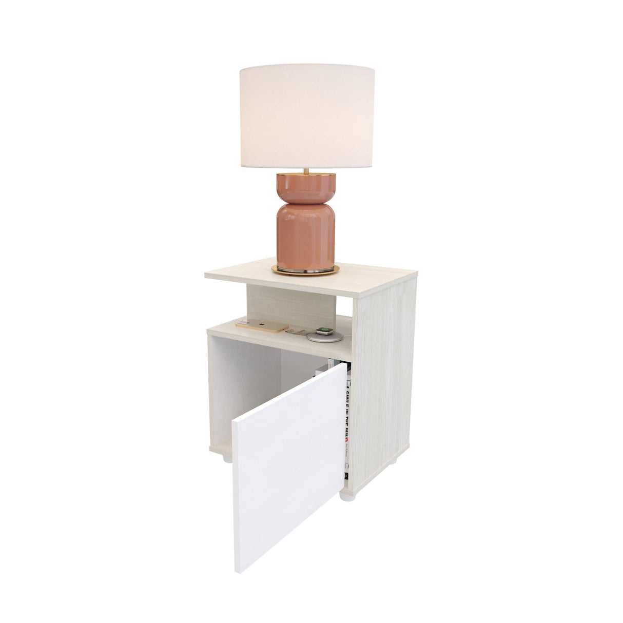 Mesa de Noche Soren Niebla y Blanco 48x57cm con Un Cajón y con Una Puerta - MESAS DE NOCHE | Bylmo