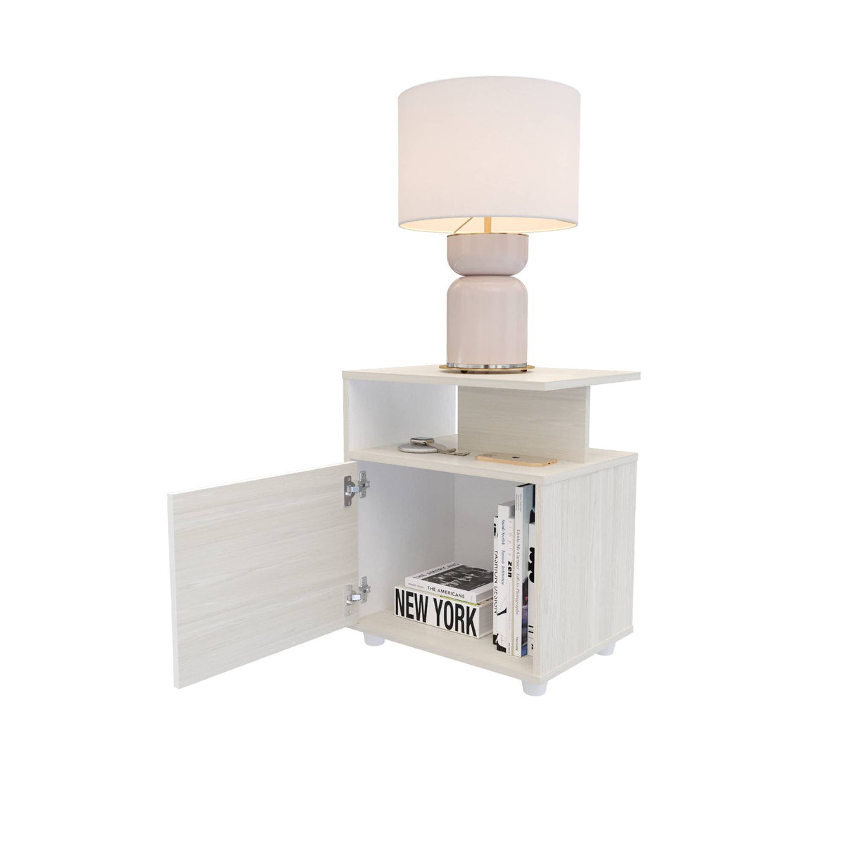 Mesa de Noche Soren Niebla y Blanco 48x57cm con Un Cajón y con Una Puerta - MESAS DE NOCHE | Bylmo
