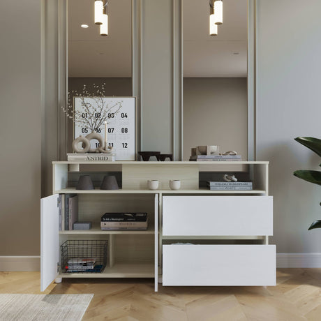 Cómoda Soren Niebla y Blanco 140x79cm de Dos Hileras con Dos Cajones - CAJONERAS Y COMODAS | Bylmo