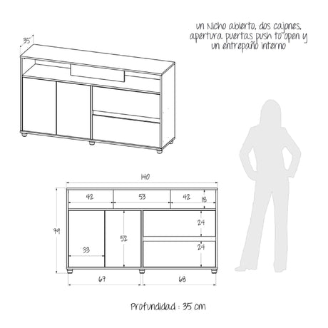 Cómoda Soren Niebla y Blanco 140x79cm de Dos Hileras con Dos Cajones - CAJONERAS Y COMODAS | Bylmo