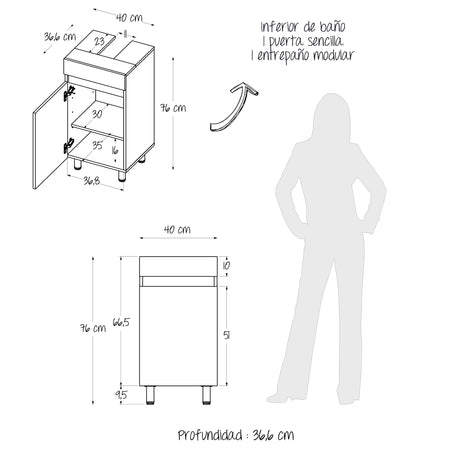 Mueble para Lavamanos Liam Duna y Blanco 40x76cm Individual sin Lavamanos con Un Cajón y Una Puerta - MUEBLES PARA LAVAMANOS | Bylmo