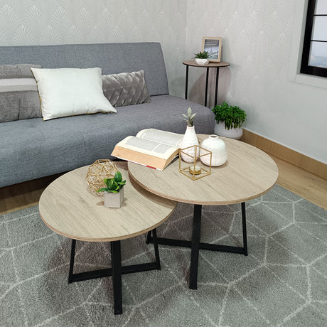 Set X 2 Mesas de Centro Turín Madera Natural y Negro 52x40cm Circulares - MESAS DE CENTRO | Bylmo
