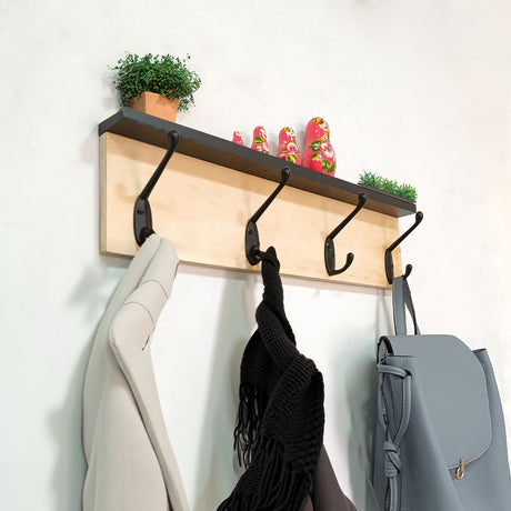 Perchero Moss Madera Natural y Negro 45x11.2cm de Pared con Cuatro Ganchos - PERCHEROS | Bylmo