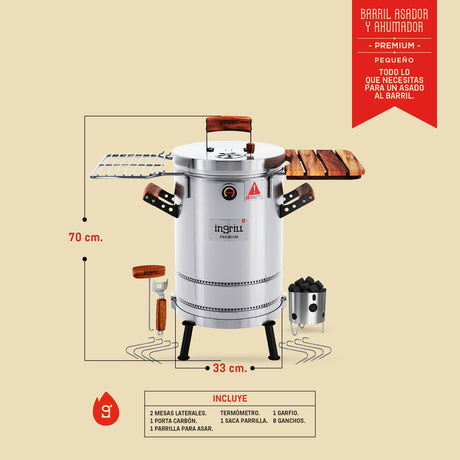 Barril Ahumador Premium Plateado 33x70cm Para 12 Libras con Termómetro y Control de Ventilación - BARRILES Y AHUMADORES | Bylmo